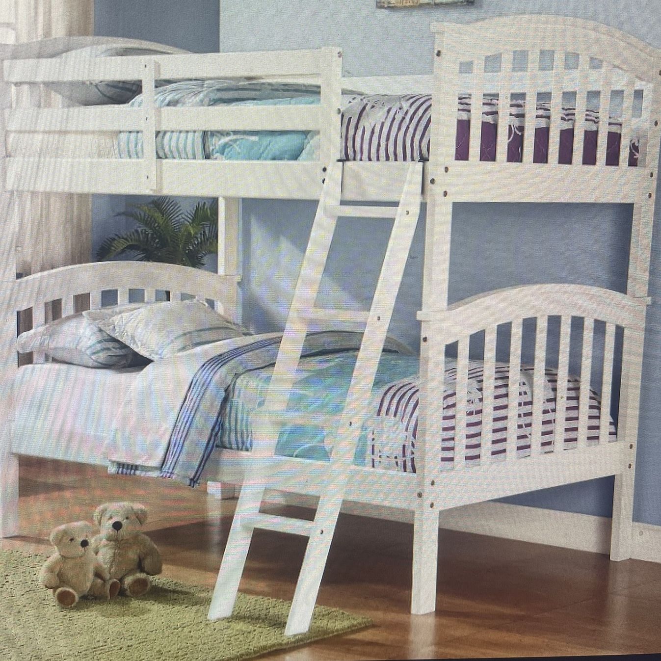 Brand New White Twin over Twin Wooden Bunk Bed Frame With Two New Mattress