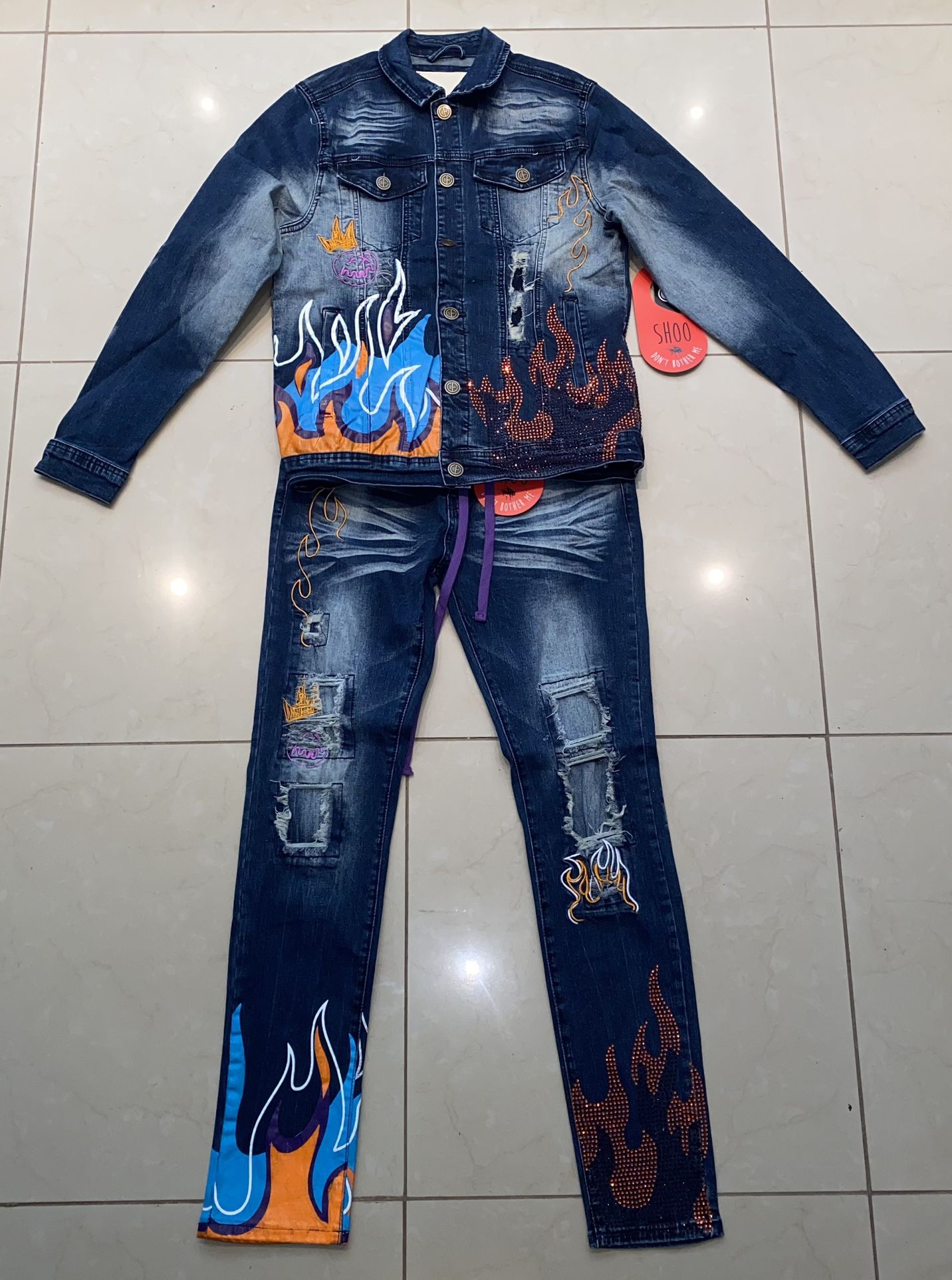 Original fables “holy hell” blue denim set