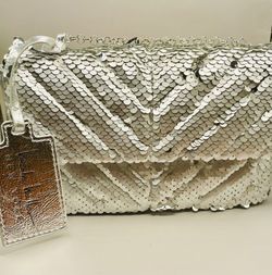 Nicole Miller Silver Sequin Chain Strap Crossover Bag With Snap Closure