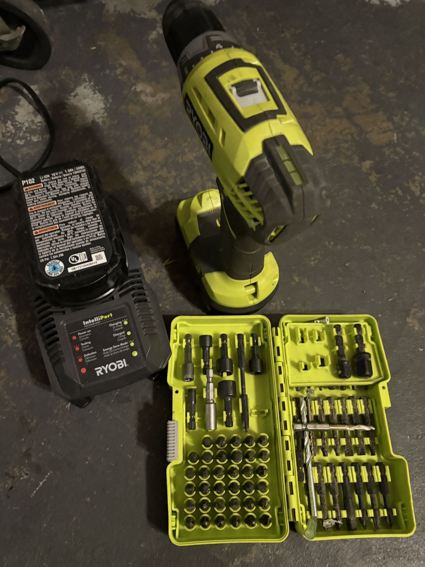 Ryobi Drill tools with two batteries, charger, tool box