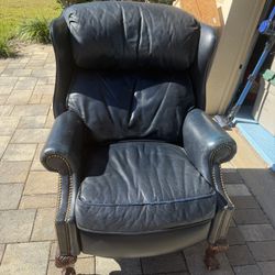 Traditional Style Blue Leather Wing Back Recliner