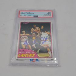 Magic Johnson Signed LA Lakers 1981 Topps #21 Rookie Card PSA NM-MT 7 AUTO 10