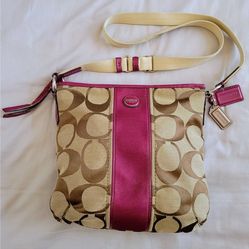 Coach Signature C Pattern Khaki & Pink Leather Tote Purse Handbag