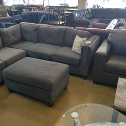 Grey Velvet Sectional And Ottoman