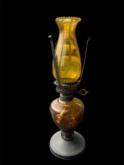 Sail Boat Oil Lamp Amber Glass 16” Tall Metal Base – Made in Hong Kong 