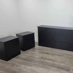 New Black Dresser And 2 Nightstands - Cómoda Y 2 Mesitas De Noche Color Negro Nuevos A Estrenar 