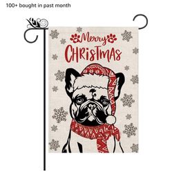 Christmas Garden Flag Hat French Bulldog Dog with Scarf Xmas Winter Holiday Decorations Burlap Vertical Double Sided Yard Lawn Outdoor Decor 12.5 x 18