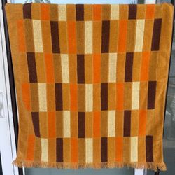Vintage Sears large 53” x 29” Window pane color block mcm towel with fringe  Brown, orange, golden and yellow