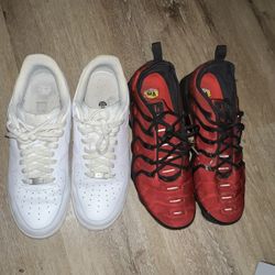White Air Force 1 And Red And Black Vapormax Plus 