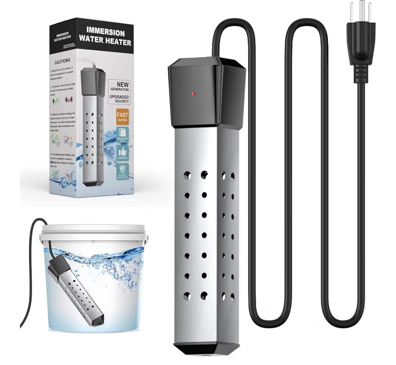 Portable Immersion Water Heater, 2000W, Stainless Steel, Above Ground Pool Pond Heater with Digital LCD Thermometer