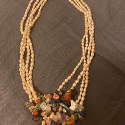 Vintage Multi Strand Pearls And Gem Stones Necklace 