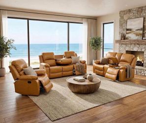 Carmel light brown leather fully reclining couch set