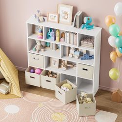 Toy Storage Organizer with 6 Bins, Wooden 4-Tier Floor Standing Open Bookshelf Storage Cubby, 12-Cube Storage Shelf Bookcase, Kids Bookshelf