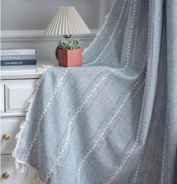 Blue Linen curtains with Tassel Trim