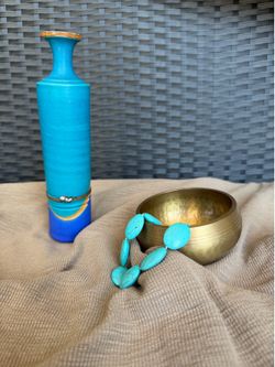 Turquoise & Cobalt Studio Vase — Brass Detail — 7”