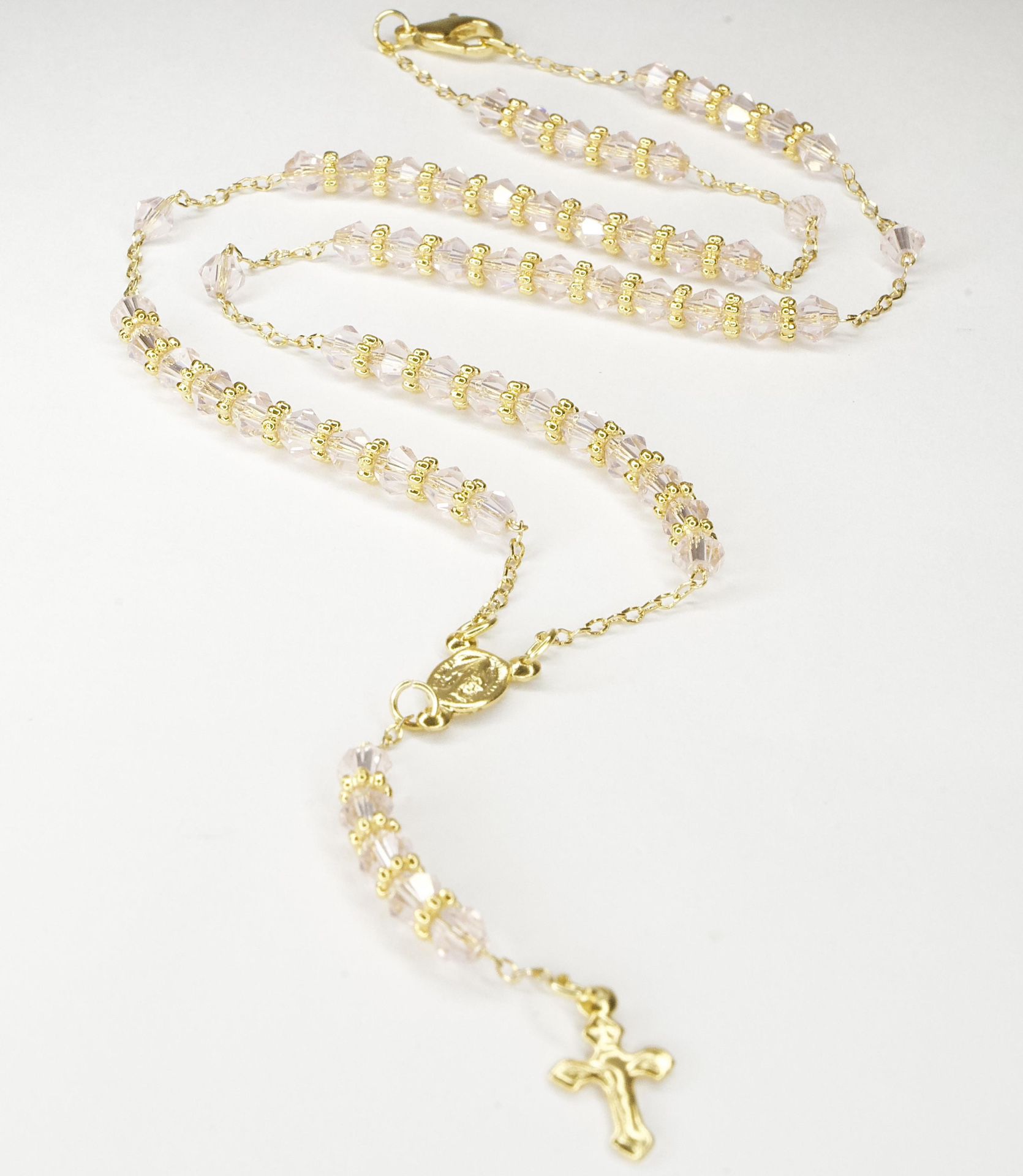 Rosary Clear Beads Necklace Gold Plated Blessed by Pope for Women