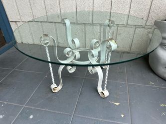 Vintage Outdoor Coffee Table – Glass Top & Wrought Iron Scroll Base