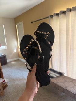 Black Studded Flat Sandals with Bow Detail