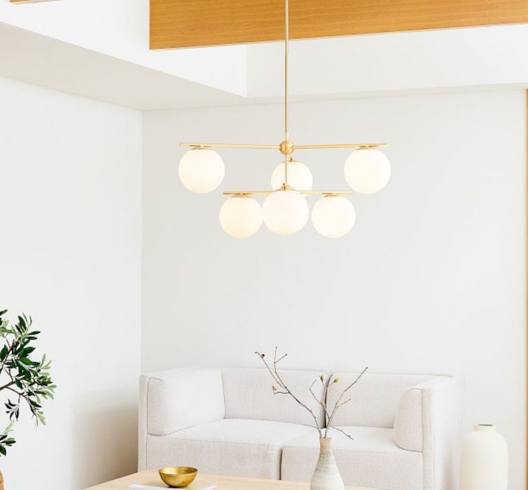 West Elm Mid Century Modern Sphere And Brass Stem Light Chandelier - Main Image