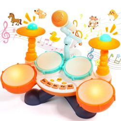 Kids Drum Set Baby Drum Set for Toddler 1-3 Musical Toys with Microphone Toddler Instruments Toys for 1 Year Old Boys Girls First Birthday Gifts Light