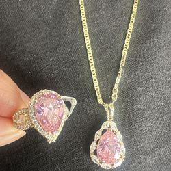 Pink Chrystal Ring And Necklace Set 