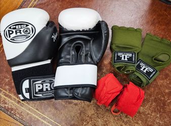PBS Pro Leather Boxing Gloves, Fight 2 Finidh Gel Wraps & Hand Wraps