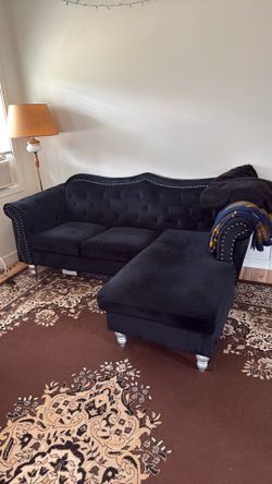 Black Couch (79.5in L, 27in H, 22in W, 46in W on extended side)