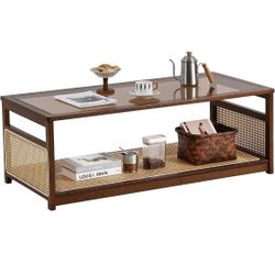 Rattan Coffee Table with Glass Top 2 Tier Storage Shelf Walnut 47.5 Inch
