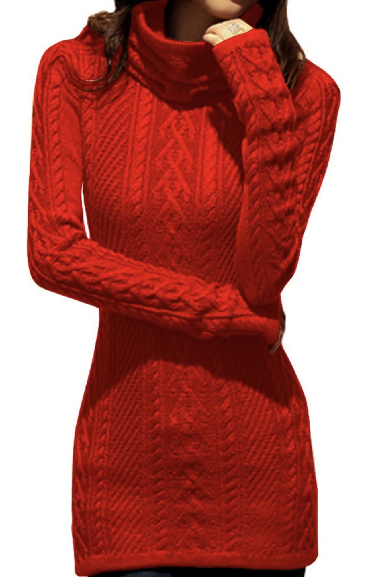 Women Polo Neck Long Slim Fitted Dress Bodycon Turtleneck Cable Knit Sweater M