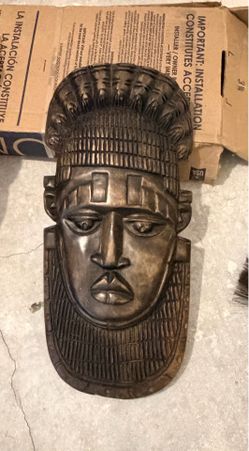 Vintage Hand-Carved African Tribal Mask with Natural Fiber Hair & Horn Accents