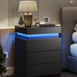 WLIVE Nightstand with Charging Station & LED Lights, Modern Night Stand with 3 Drawers and Sliding