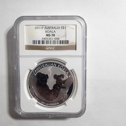 2011P Australia Silver Dollar Koala Graded MS-70 By NGC BROWN LABLE