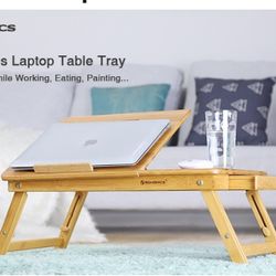  Laptop Desk, Adjustable Bamboo Bed Table and Breakfast Tray with 5 Tilting Angles, Cooling Holes and Drawer