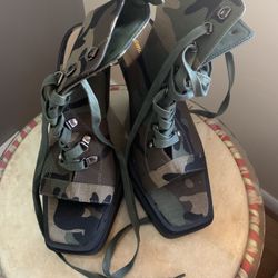 Camo Heeled Sandal Peep Toe Boots Size 8.5 Women's By Lemonade