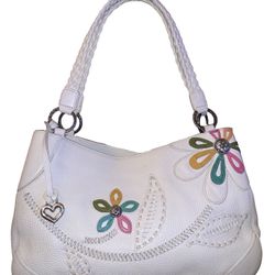 Brighton Off White Pebbled Leather Floral Braided Hobo Shoulder Bag