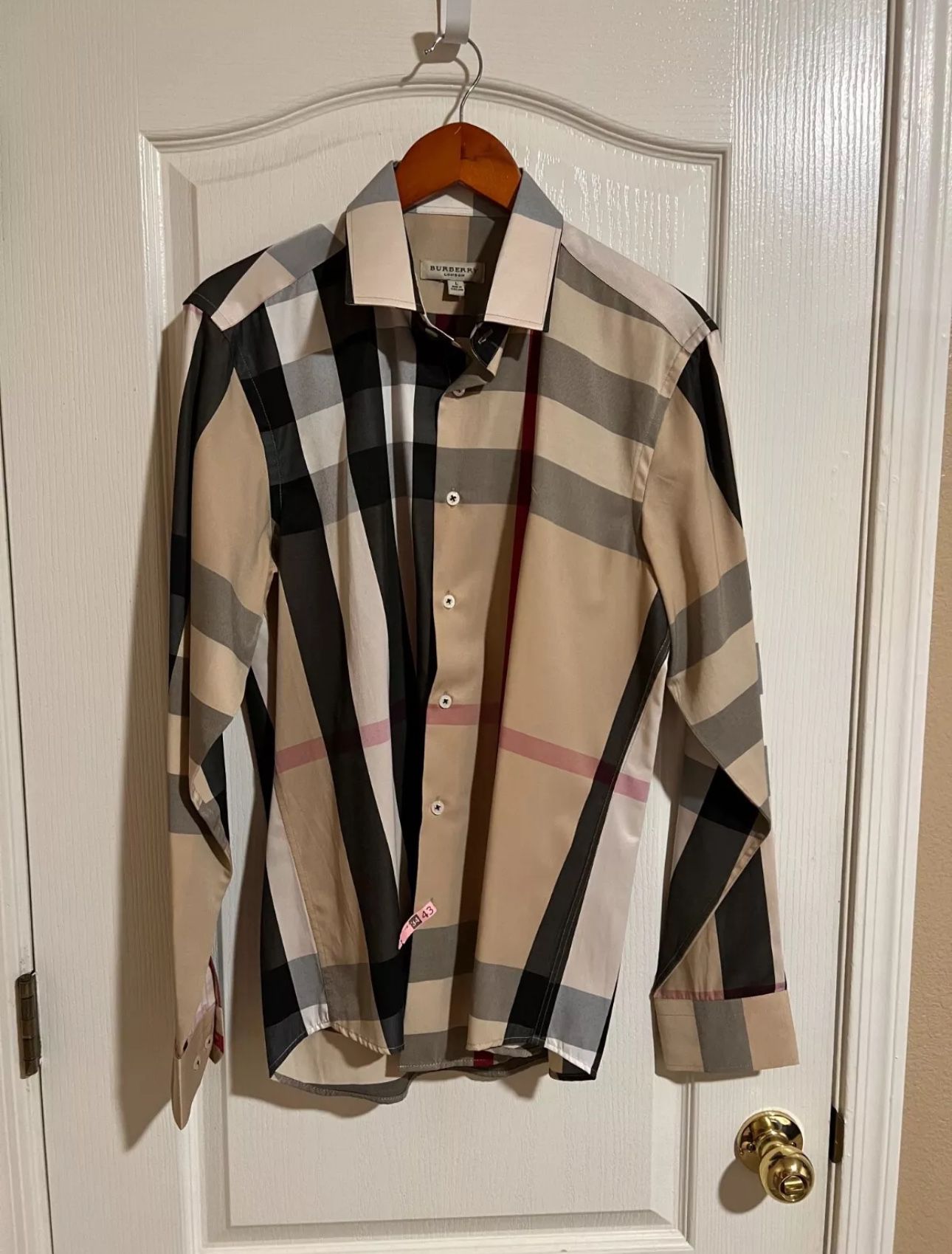 Burberry Classic Plaid Long Sleeve Button Down Shirt Tan Size Medium 