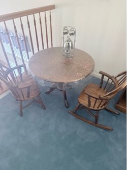 Solid Oak Kids Table with 2 Matching Wooden Rocking Chairs