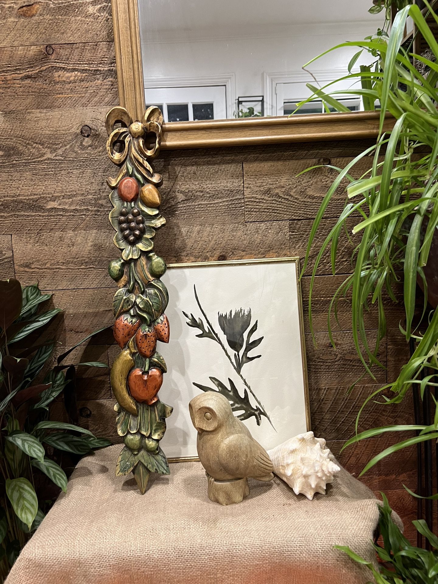 Vintage Boho Dark Gold Wood Fruit Plant Vine Decor Wall Hanging Painted Stained Carved