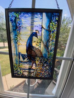 Vtg signed Louis Tiffany framed stained glass peacock