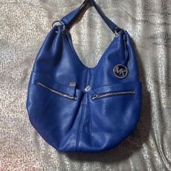 Gently Used Blue Leather Michael Kors  Large Hobo Handbag With Silver Hardware 