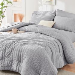 HYMOKEGE Light Grey Full Size Comforter Sets Seersucker 7 Pieces, All Season