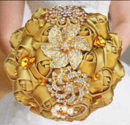 Satin Ribbon Gold Rhinestones Flower Bouquets