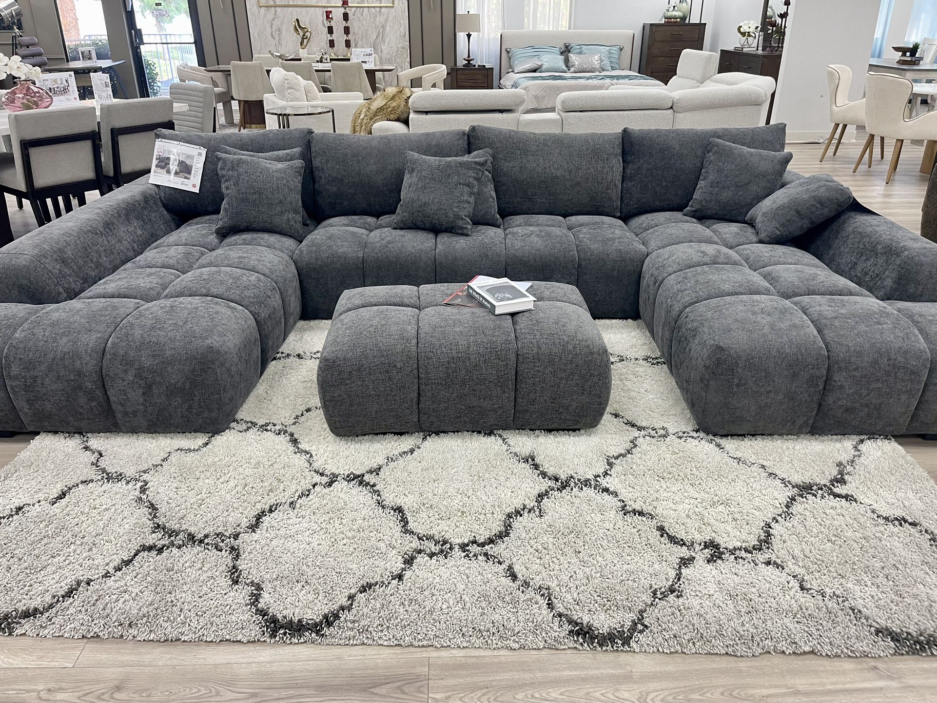Grey Sectional - Modern Style Low Profile Double Chaise & Ottoman