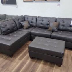New Brown Faux Leather Sectional And Ottoman Sofa Couch 