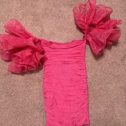New Small Hot Pink Poof Sleeve 80s Party Evening Dress
