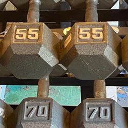 CAP PAIRS OF STEEL HEX DUMBBELLS :  55s = $130  &  70s  =  $180   (in perfect condition)     •   WILL SELL SEPARATELY   • 