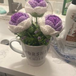 Lavender Yarn Flowers And Mug