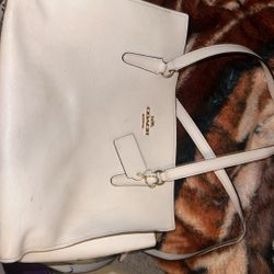 White and Brown Leather Coach Tote Bag