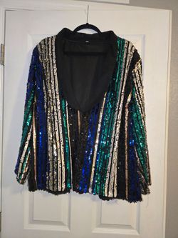 Sequin Striped Open-Front Blazer Jacket