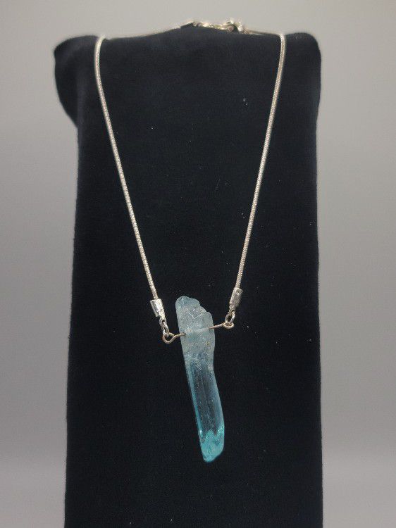 Blue Dyed Quartz Crystal On Sterling Silver Snake Chain
